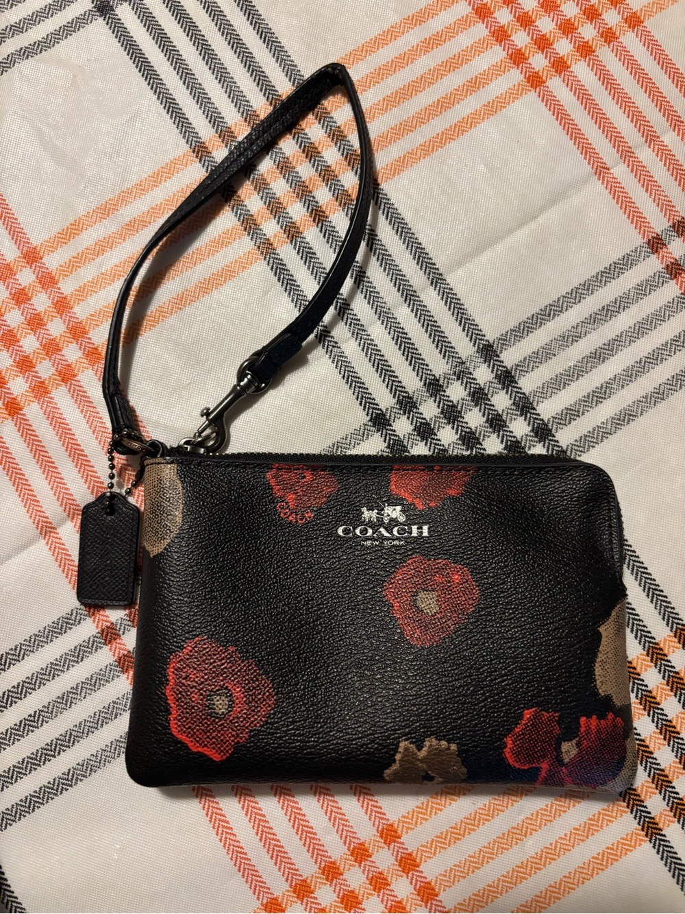 COACH Black Floral Wristlet with Red and Tan Poppies